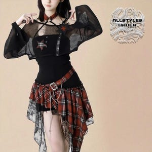 Gothic dameskledingset | Geruite rok met doorschijnende mouwtop | Stijlvolle modieuze outfit | Cadeau voor haar
