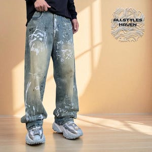 Baggy Denim Trouser Pants | Men Straight Leg Jeans | Printed Streetwear Pants | Vintage Clothing