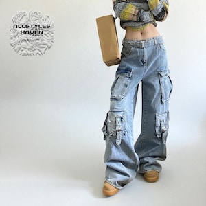 Women&#39;s Wide-Leg Cargo Pants | Multi-Pocket Baggy Jeans | Streetwear Y2K Chic Fashion | Casual Urban Trousers | Gift For Her