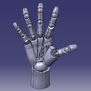 May include: A detailed 3D rendering of a robotic hand, showcasing a mechanical design with articulated fingers and a palm. The hand is rendered in shades of gray and silver, set against a blue background, highlighting its metallic components.