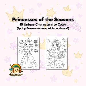 May include: Two colouring book pages with princess illustrations. The text reads "Princesses of the Seasons" and "10 Unique Characters to Color." One princess is surrounded by leaves and snowflakes, the other by a sunflower and watermelon. The ColorAvventure logo is in the bottom left.