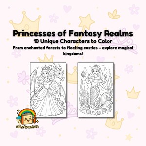 May include: A colouring book cover with the title "Princesses of Fantasy Realms" and the text "10 Unique Characters to Color." The image features two black and white illustrations of princesses and a logo that says "ColorAvventure."