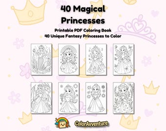 40 Magical Princesses – Printable Coloring Book PDF for Kids – Fantasy Coloring Pages – Seasons, Elements, Nature & Fairytale Realms