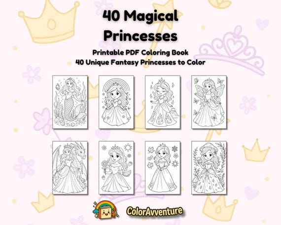 40 Magical Princesses – Printable Coloring Book PDF for Kids – Fantasy Coloring Pages – Seasons, Elements, Nature & Fairytale Realms