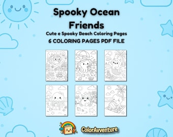Spooky Ocean Coloring Pages for Kids– Kawaii Sea Creatures, Cute Printable Beach Book
