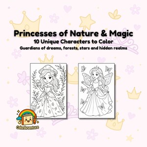 May include: A colouring book titled "Princesses of Nature & Magic" featuring 10 unique characters. The cover art shows two princess illustrations, one with a mushroom hat and the other with butterfly wings. The ColorAvventure logo is at the bottom.