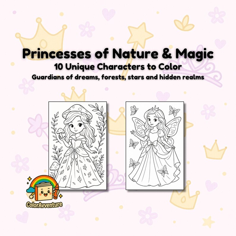 May include: A colouring book titled "Princesses of Nature & Magic" featuring 10 unique characters. The cover art shows two princess illustrations, one with a mushroom hat and the other with butterfly wings. The ColorAvventure logo is at the bottom.