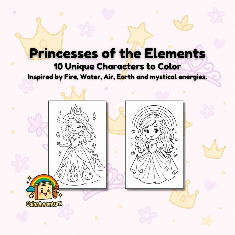 May include: A children's coloring book titled "Princesses of the Elements" with two sample illustrations. The book features 10 unique characters inspired by fire, water, air, earth, and mystical energies. The ColorAvventure logo is in the bottom left corner.
