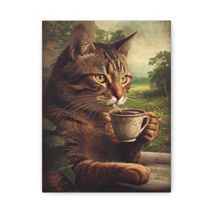 Cat Wall Art Print, Coffee Lover Wall Decor, Gift for Cat Lovers, Cozy Room Decoration, Canvas Art, Kitty Lover Decoration