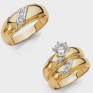 14k Yellow Gold Plated Trio Ring Set, Wedding Trio Set, Engagement Ring Set of 3 Ring, Sterling Silver, Women ring Set, UNISEX Trio Ring Set