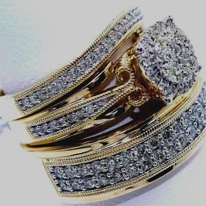 3.50Ct Round Cut Diamond His & Her Trio Set Ring, 925 Silver Wedding Ring Set, 14k Yellow Gold Plated Engagement Rings, Trio Set