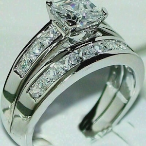 Princess Cut Cubic Zirconia Bridal Ring Set, 14K White Gold Plated