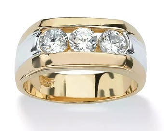 Two Tone Gold Plated Mens Ring, Three Stone 2Ct Cubic Zirconia Wedding Band
