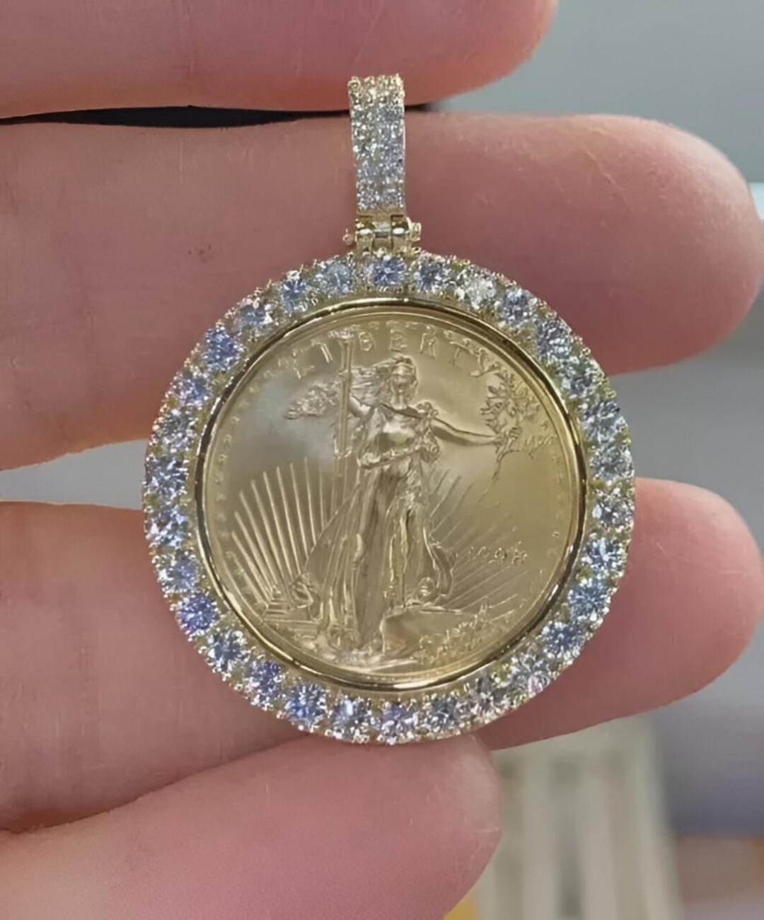 Cubic Coin Liberty Coin Pendant, 2ct Round Cubic Zirconia, 925 Sterling Silver - Etsy