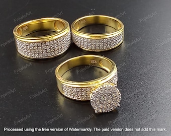 925 Sterling Silver Wedding Ring Set, 14K Yellow Gold Plated, Cubic Zirconia Diamond
