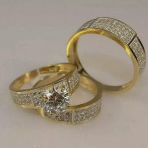 Wedding Trio Set Couple Bands, 3Ct Round Cut Diamond Engagement Set Ring, Perfect Anniversary Gift for Him and Her, 14k Yellow Gold Plated