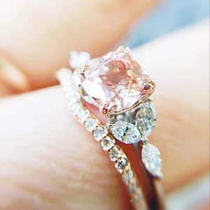 Bridal Ring Set For Women&#39;s, Unique 14k Rose Gold Plated Engagement Ring Set, Dainty Cushion Morganite Bridal Set Ring, 925 Sterling Silver