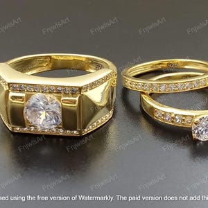 Diamond Trio Bridal Set • Engagement Ring Set of 3 Rings • Wedding Trio Set Couple Bands • Perfect Anniversary Gift for Him and Her