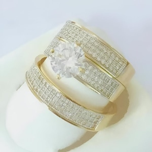 925 Sterling Silver Trio Ring, Her & His Couple Set Ring, Round Cut Diamond, Engagement Ring Set, 14K Yellow Gold Plated, Halo Wedding Ring,