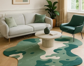 Alfombra de lana tejida a mano, forma orgánica abstracta verde, diseño ondulado moderno