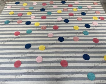 Hand Tufted Wool Rug, Colorful Polka Dot Stripe Nursery Carpet