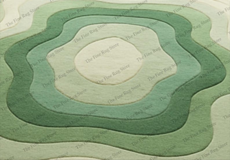 Puede incluir: Una alfombra verde y beige con un dise&ntilde;o topogr&aacute;fico en capas. La alfombra presenta l&iacute;neas conc&eacute;ntricas y onduladas en diferentes tonos de verde, creando una sensaci&oacute;n de profundidad y dimensi&oacute;n. El logotipo de The Fine Rug Store es visible.