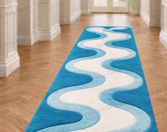 Alfombra moderna abstracta ondulada tejida a mano, decoración de lujo para pasillo en azul y blanco, alfombra geométrica con patrón en zigzag para la decoración de la sala de estar.