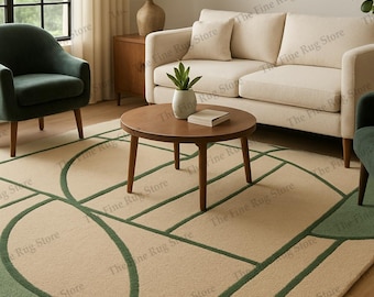 Alfombra de lana tejida a mano, diseño geométrico en crema y verde, estilo moderno de mediados de siglo.