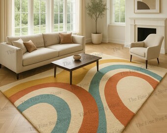 Alfombra moderna Rainbow Curve tejida a mano – 2,4 x 3 metros. Alfombra de lana colorida de estilo mediados de siglo, ideal para la decoración de la sala de estar y el dormitorio de estilo bohemio.