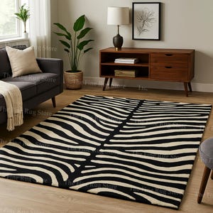 Modern Zebra Print Area Rug – Hand-Tufted Black and Cream Wool Rug for Living Room, Animal Pattern Accent Carpet For Bedroom Or Lounge Décor