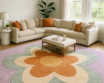 Alfombra moderna tejida a mano con forma de flor – Alfombra de lana de lujo con diseño floral retro y moderno, ideal para la decoración de salas de estar, dormitorios y pasillos.