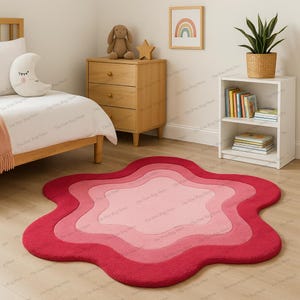 Pink Wavy Flower Rug, Soft Kids Room Carpet, Funky Boho Nursery Decor, Groovy Playroom Mat for living room, Kids room and Bedroom, 3x3,4x4,