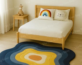 Alfombra moderna abstracta hecha a mano con forma de mancha, alfombra de lana de lujo colorida con capas, decoración divertida inspirada en el arcoíris para sala de estar y cuarto infantil.