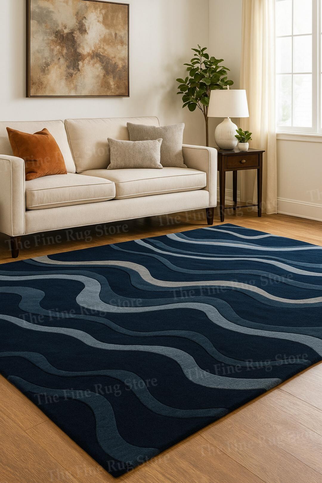 Hand-tufted Wool Area Rug – Navy Blue Wave Pattern, Mid-century Modern ...