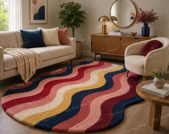 Alfombra abstracta ondulada tejida a mano – Alfombra moderna de forma curva en azul marino, burdeos, rosa y mostaza / Decoración de lujo para sala de estar o dormitorio