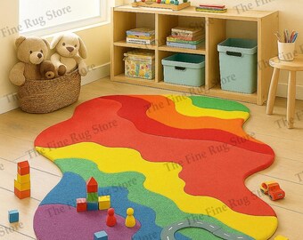 Alfombra de área hecha a mano con diseño de ondas arcoíris coloridas, alfombra de lana suave y lujosa con diseño abstracto de patrón fluido para la decoración de la sala de estar, el dormitorio y la habitación infantil.