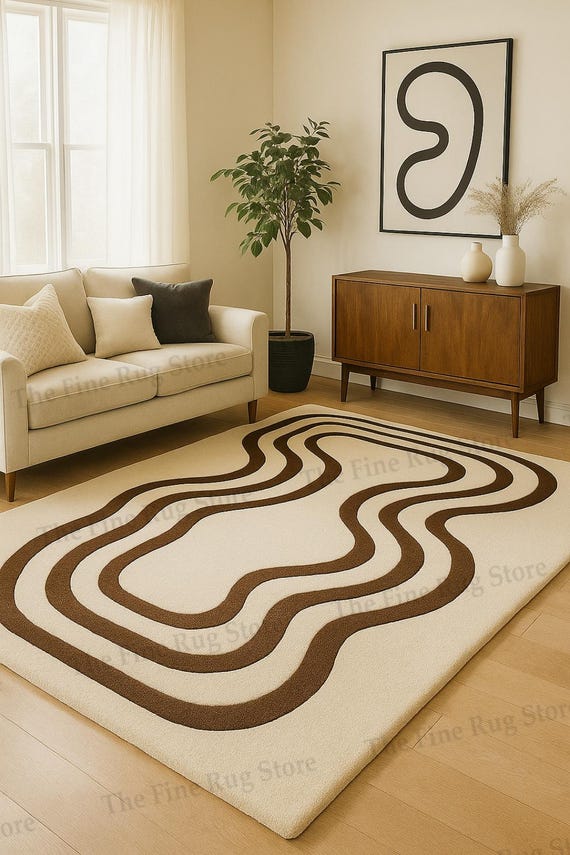 Modern Hand-Tufted Hour-Glass Area Rug – Cream & Brown Striped Lines Pattern Carpet for Living Room, Bedroom, Office Or Lounge Décors