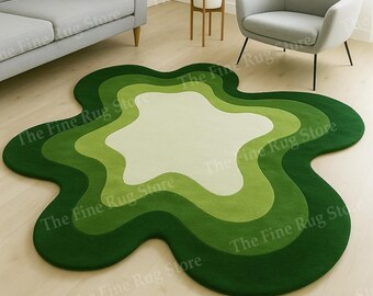 Alfombra moderna hecha a mano con forma de mancha verde, alfombra abstracta de lana ondulada en capas, decoración contemporánea para sala de estar, dormitorio y oficina.