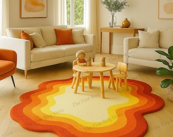 Alfombra de lana tejida a mano con diseño ondulado, color naranja quemado estilo atardecer retro.