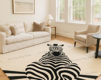 Hand Tufted Modern Zebra Rug – Black and White Luxury Wool Nursery Decor, Contemporary Animal Print Carpet for Living Room & Bedroom