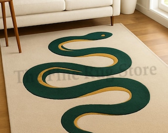 Alfombra moderna con forma de serpiente, tejida a mano, de color verde y mostaza, lujosa, con estampado animal estilo boho, ideal para la sala de estar o el dormitorio.