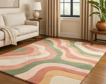Alfombra de lana tejida a mano, estampado de ondas estilo boho, colores pastel retro.
