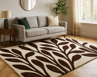 Botanical Rug, Brown Leaf Rug, Living Room, Bedroom, Area Rug