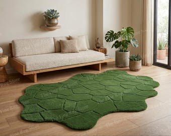 Alfombra verde musgo tejida a mano, alfombra orgánica con forma de guijarro, alfombra de lana moderna con textura irregular para sala de estar, habitación infantil y decoración del hogar.