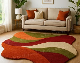 Alfombra de lana tejida a mano con diseño ondulado, estilo retro moderno de mediados de siglo, color naranja quemado.