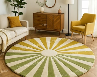 Alfombra redonda moderna hecha a mano con diseño de margaritas – Alfombra retro de lana en verde sol y amarillo mostaza – Decoración bohemia para sala de estar, dormitorio o habitación infantil.