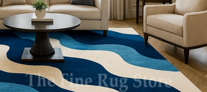 Modern Wave Pattern Hand-tufted Area Rug | 5x8 Ft Blue & Cream Abstract ...