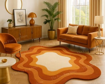 Hand Tufted Wool Area Rug – Retro Wavy Burnt Orange, Mid Century Modern