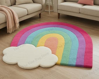 Alfombra de lana tejida a mano con diseño de nubes arcoíris, ideal para la decoración de la habitación infantil o sala de juegos.