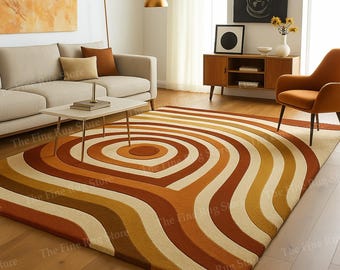 Handgetufteter Wollteppich, Retro Gebranntes Orange Swirl Design